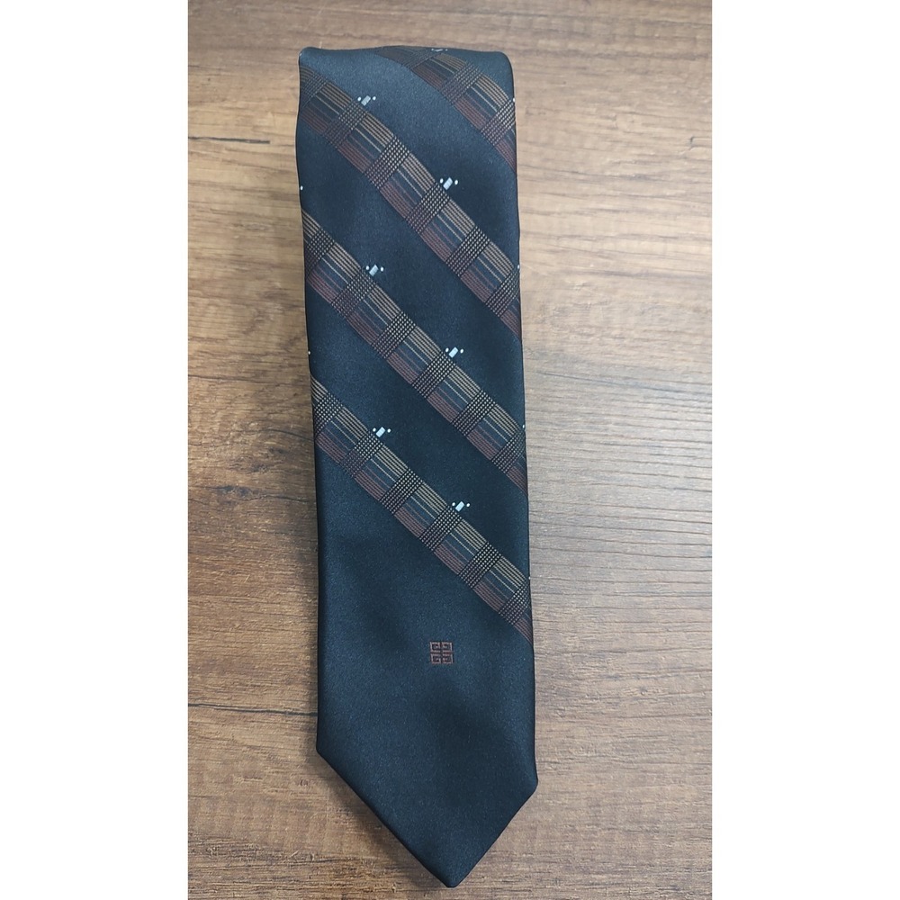 GIVENCHY Gentlemen Paris Brown Black Striped Luxury Tie Designer Necktie Vtg T9